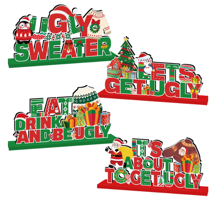 4Pcs Ugly Sweater Christmas Party Decorations Wooden Table Centerpiece Ugly Sweater Party Table Decorations Lets Get Ugly Tabletop Tiered Tray Decor for Holiday Xmas Party Supplies
