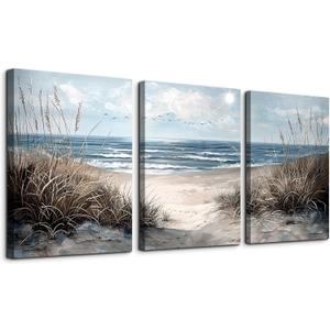 TTHYUEWS Wall Art For Living Room Wall Decor For Bedroom Modern Office Pictures Blue Sea Beach Posters Canvas Painting Wall Art Bathroom Seascape Prints Artwork Canvas Art Framed Ready to Hang 3pcs