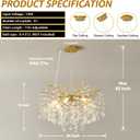 EGM Gold Crystal Chandelier, 24-Inch Modern Raindrop Light Fixtures 8-Light, Hanging Round Gold Dining Room Crystal Chandelier, Tree Branch Chandeliers for Bedroom Foyer E12