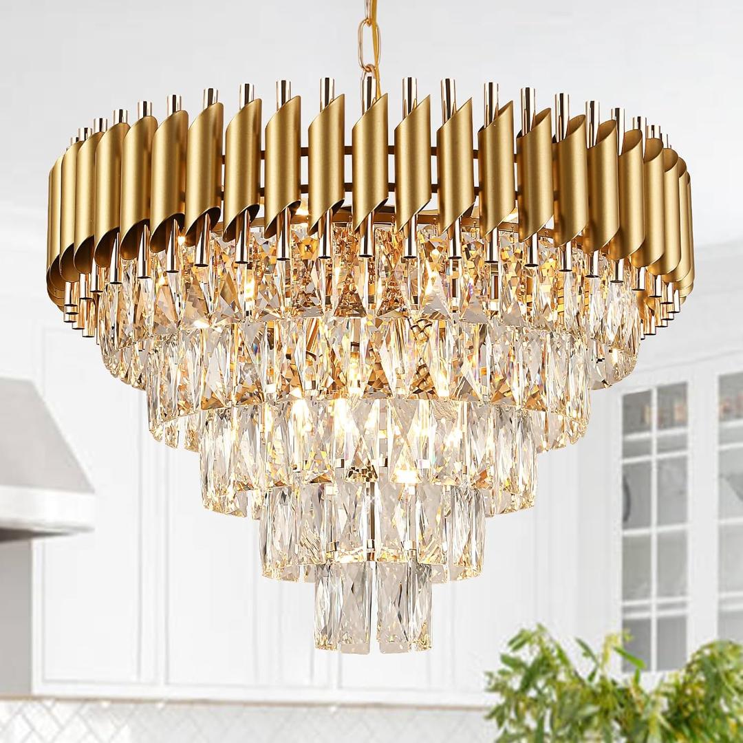 AXILIXI Modern Crystal Chandelier Gold, 24" Round Chandeliers for Dining Room K9 5 Tiers Ceiling Pendant Light Fixtures Golden Large Raindrop Flush Mount Chandelier for Foyer Living Room Staircase