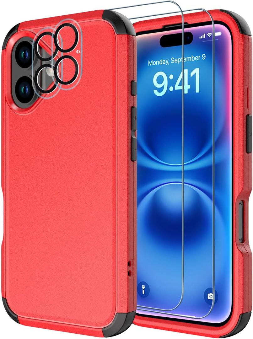 Diverbox for iPhone 16 Case [Shockproof] [Dropproof] [Tempered Glass Screen Protector + Camera Protectors] Heavy Duty Protection Phone Case Cover for Apple iPhone 16 (Red)