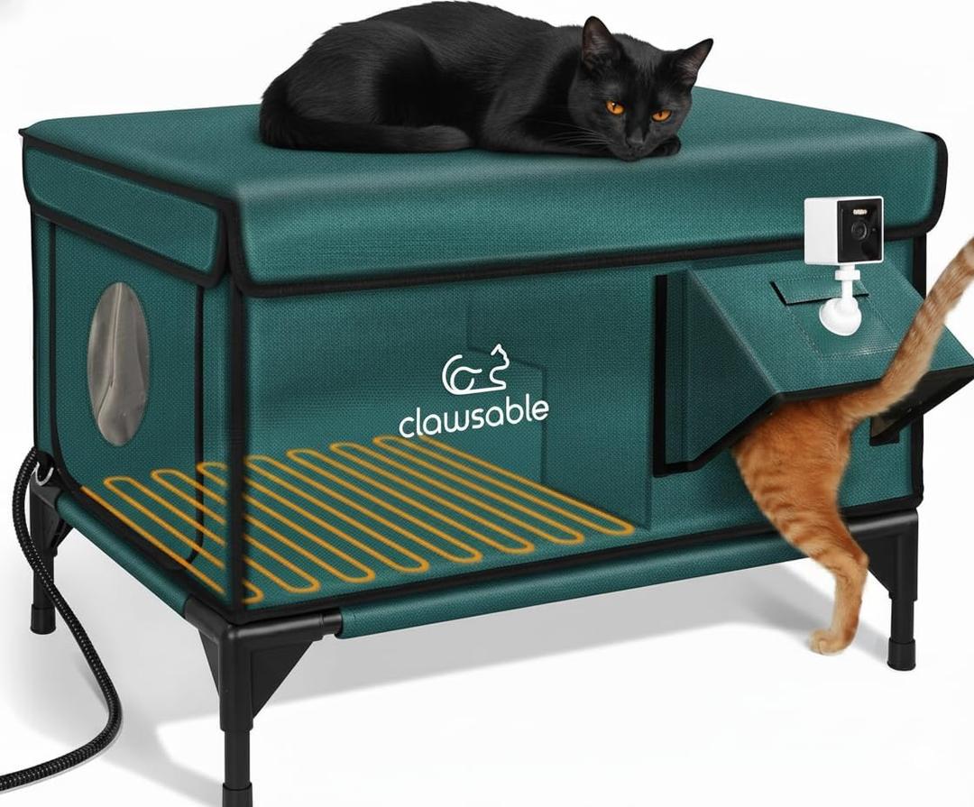 Indestructible Heated Cat House with Pet Camera for Outside Winter, 100% Waterproof, Escape Door, Insulated Outdoor Cat Shelter with Heater for Feral Barn Cat Kitty 