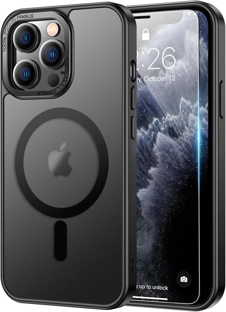 LUHOURI Enhanced Magnetic for iPhone 13 Pro Max Case with Screen Protector - Wireless Charging Compatible, 21ft Military-Grade Drop Tested, Slim Fit Shockproof Translucent Matte Cover - Black