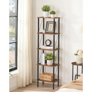 Narrow Bookshelf, 5-Tier Corner Bookcase, Storage Shelf for Small Space, Bolt-and-Nut Structure, for Living Room, Bedroom, Kitchen, Study, Balcony, Rustic Brown and Black TCJ05BF