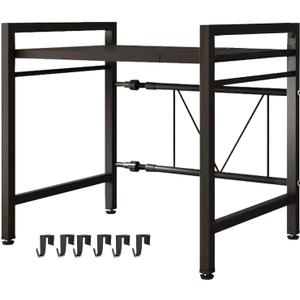 Microwave Oven Rack, Microwave stand,Adjustable Shelf with 6 Hooks Microwave Shelf, Microwave Rack, Extendable Kitchen Microwave Stand, Microwave Stand with Storage, Black (shelf 001)