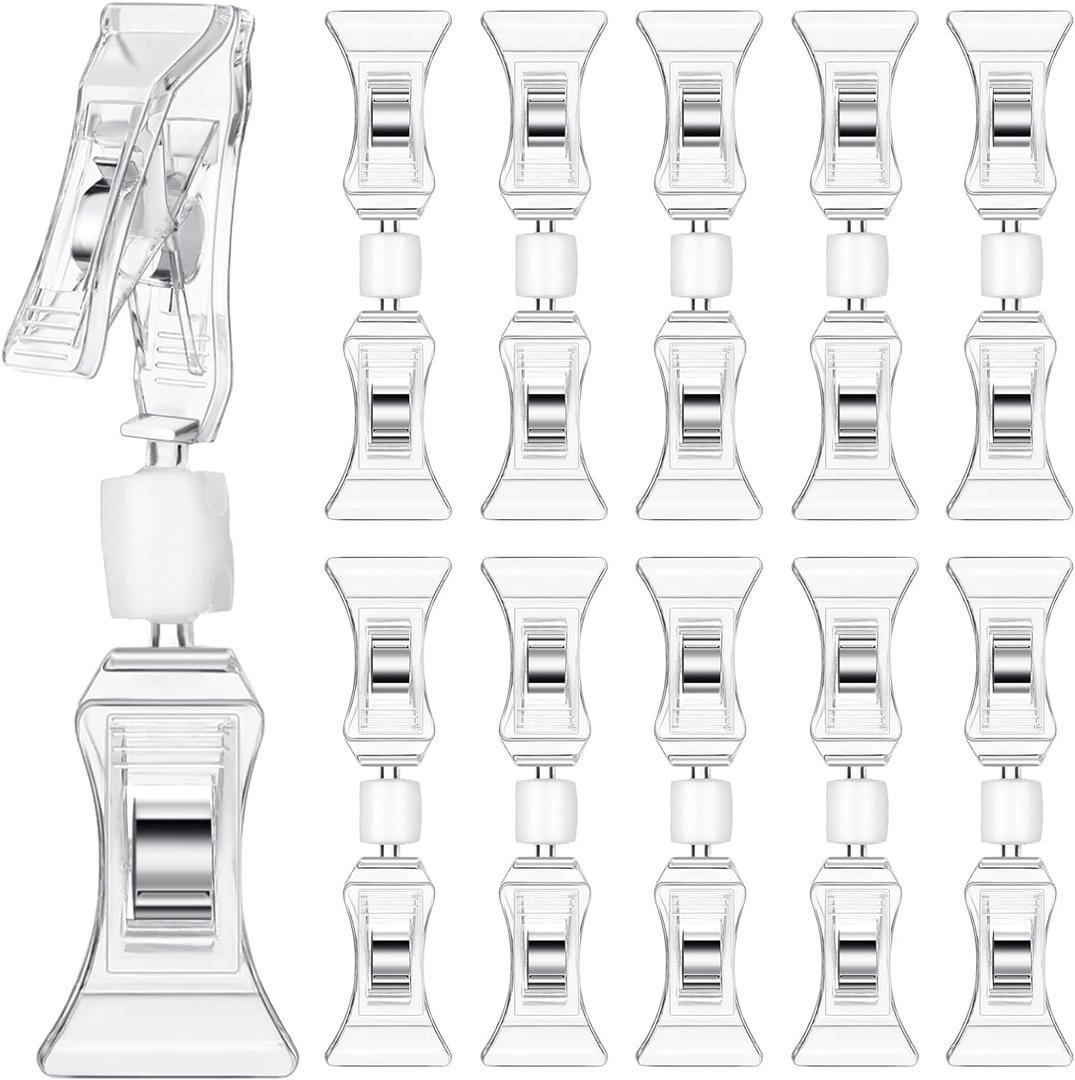 Colarr 50 Pcs Double Sided Sign Clips - Rotatable Mini Clip Clear Plastic Sign Holder Stand for Label Clothing Business Cards Retail