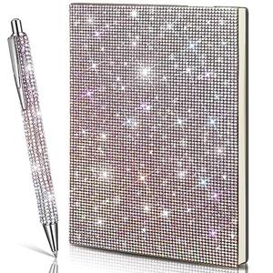 Kosiz 2 Pcs Rhinestone Notebook Pen Sets Crystal Pens Silver Bling Notebook A5 Diamond Office Accessories Supplies for School Office Students Writing Gifts(AB Color)