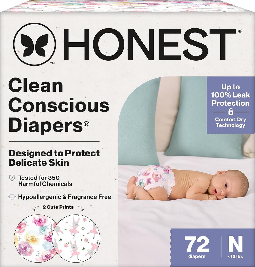 The Honest Company Comfort Dry Disposable Daytime Diapers for Sensitive Skin, Hypoallergenic, Rose Blossom + Tutu Cute, Club Box Size Newborn 72 Count