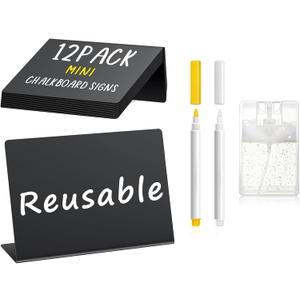 PigPotParty 12 Pcs Food Labels for Party Buffet, 4"x3" Mini Chalkboard Signs for Food Display, Table Place Cards - Name Tags- Small Chalk Board Signs, w/Cleaning Spray & 2 Markers