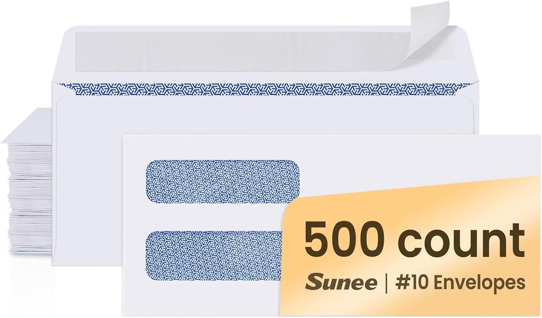 SUNEE Envelopes Self Seal  #10 Double Window Envelopes 500 Pack, Security Tint, Self Seal Closure, Fits Standard Business Checks, 4-1/8 x 9-1/2 Letter Envelope for Invoices & Mailings, 24LB