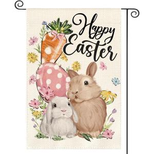 3 x AVOIN colorlife Happy Easter Garden Flag 12x18 Inch Double Sided Outside, Bunny Rabbit Carrot and Easter Egg Yard Outdoor Flag