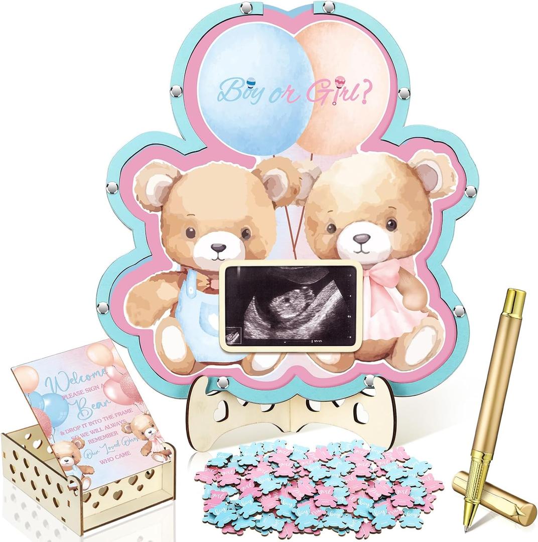 Wenqik 63 Bear Gender Reveal Baby Shower Guest Book Alternatives Set Baby Shower Decorations with Photo Frame Sonogram Frame Keepsake 60 Wood Slices Guest Book for Birthday