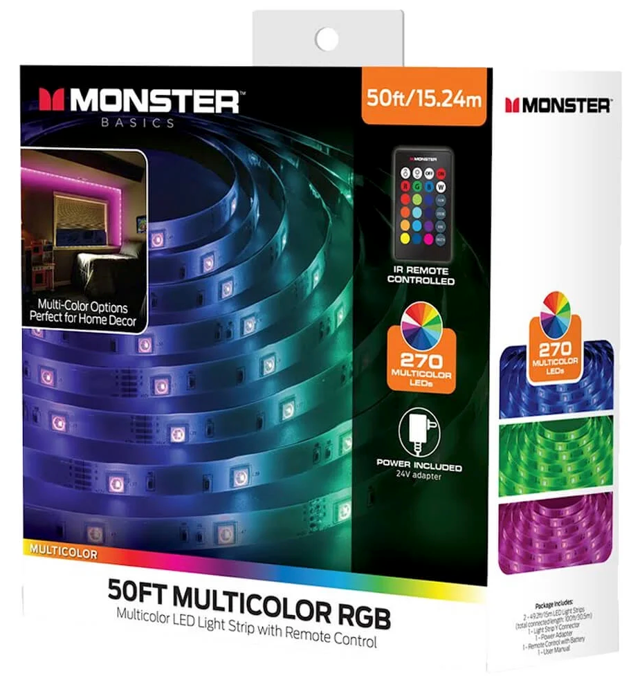 Monster 50 Foot RGB LED Light Strip with Remote Control, 270 RGB LEDs, Adhesive Backing, Coated for Moisture Protection, Dimmable, 24V Plug, 4 Modes Including Strobe, Flash, Fade & Smooth