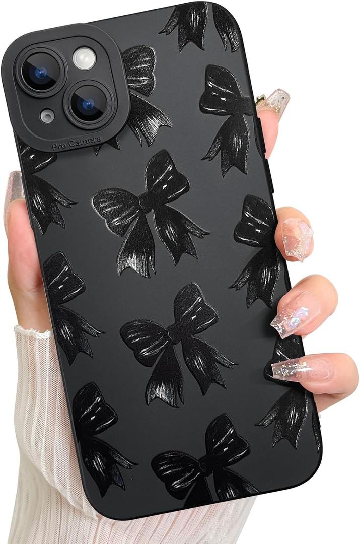 LSL Case for iPhone 15 Black Ribbon Bow Pattern Print Design Soft TPU Full Camera Lens Anti-Drop Anti-Scratch Shockproof Protective Slim Cover for Women Girls