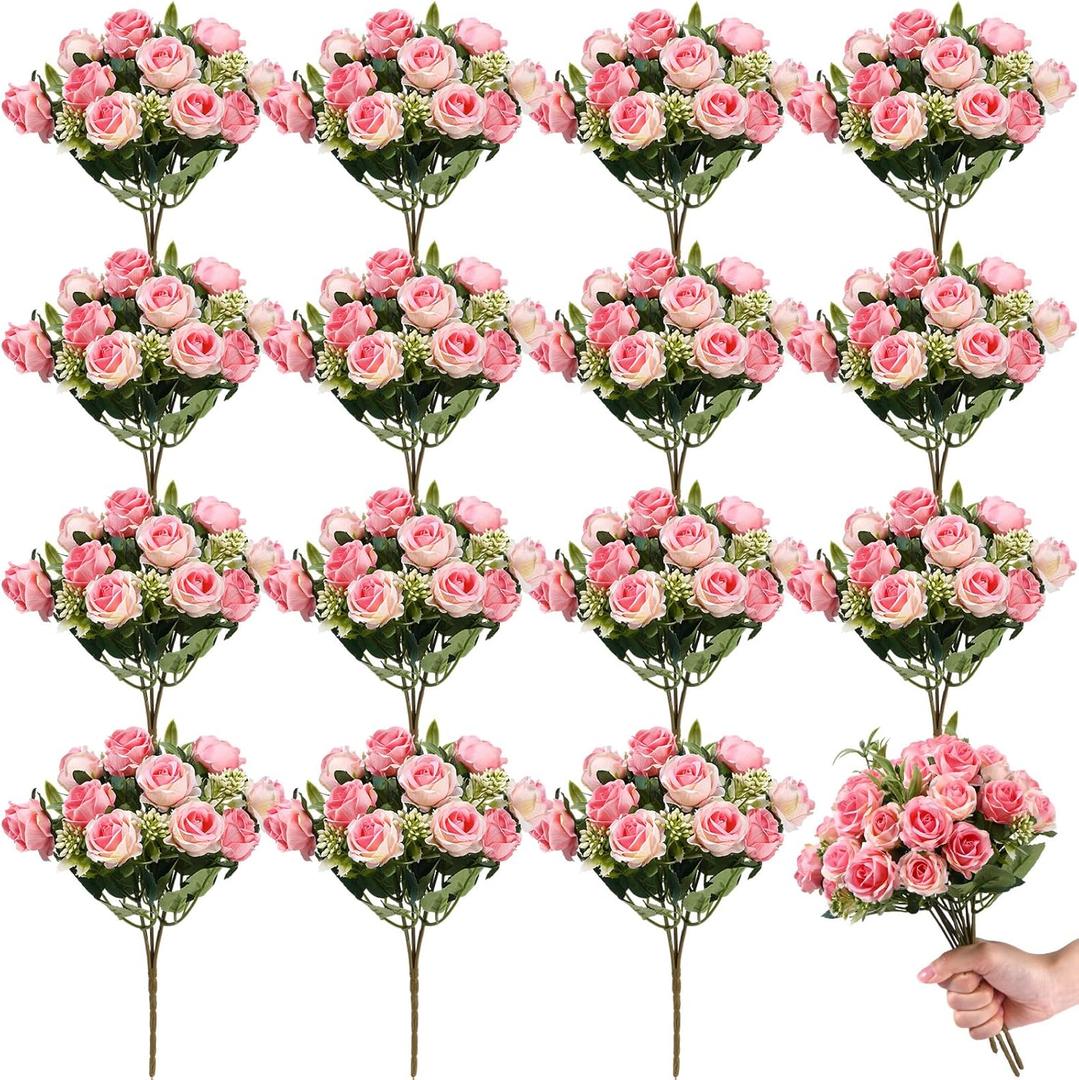 Zeyune 16 Bunches 12 Inch Artificial Mini Rose Bouquet 160 Heads Bridal Flower Bouquets Fake Silk Rose Bulk for Wedding Bridal Shower Christmas Home Office Garden Decoration(Pink)