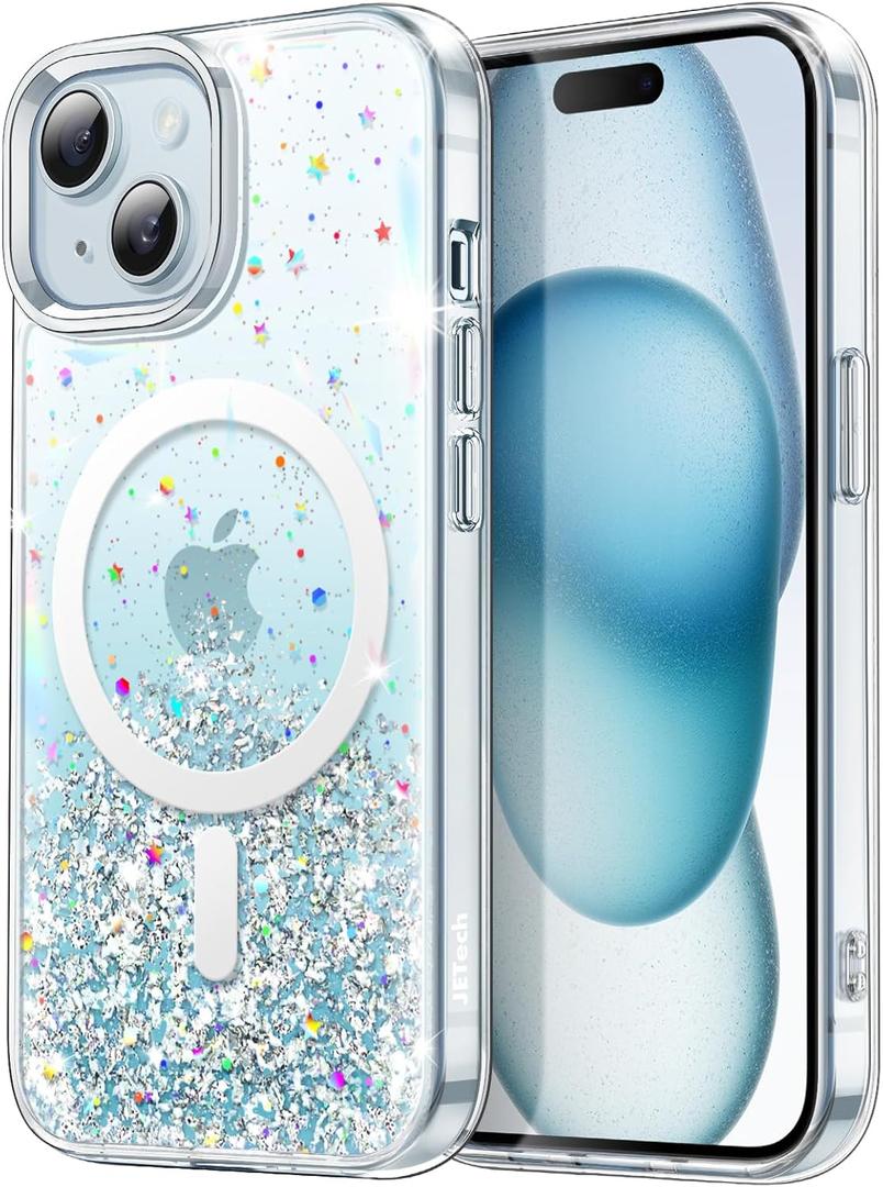 JETech Glitter Case for iPhone 15 6.1-Inch Compatible with MagSafe, Clear Cute Bling Sparkle for Women and Girls, Shiny Shockproof Magnetic Sparkly Phone Cover (Blue)