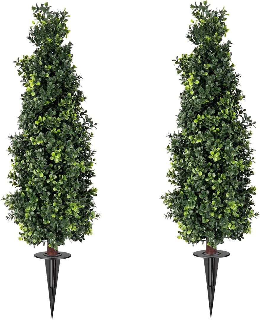 2 Pack Artificial Boxwood Topiary Trees with Ground Spike, 2 FT Faux Boxwood Topiaries Cone Bushes Trees UV Resistant Artificial Shrubs for Indoor Outdoor Front Porch Garden, Boxwood-4