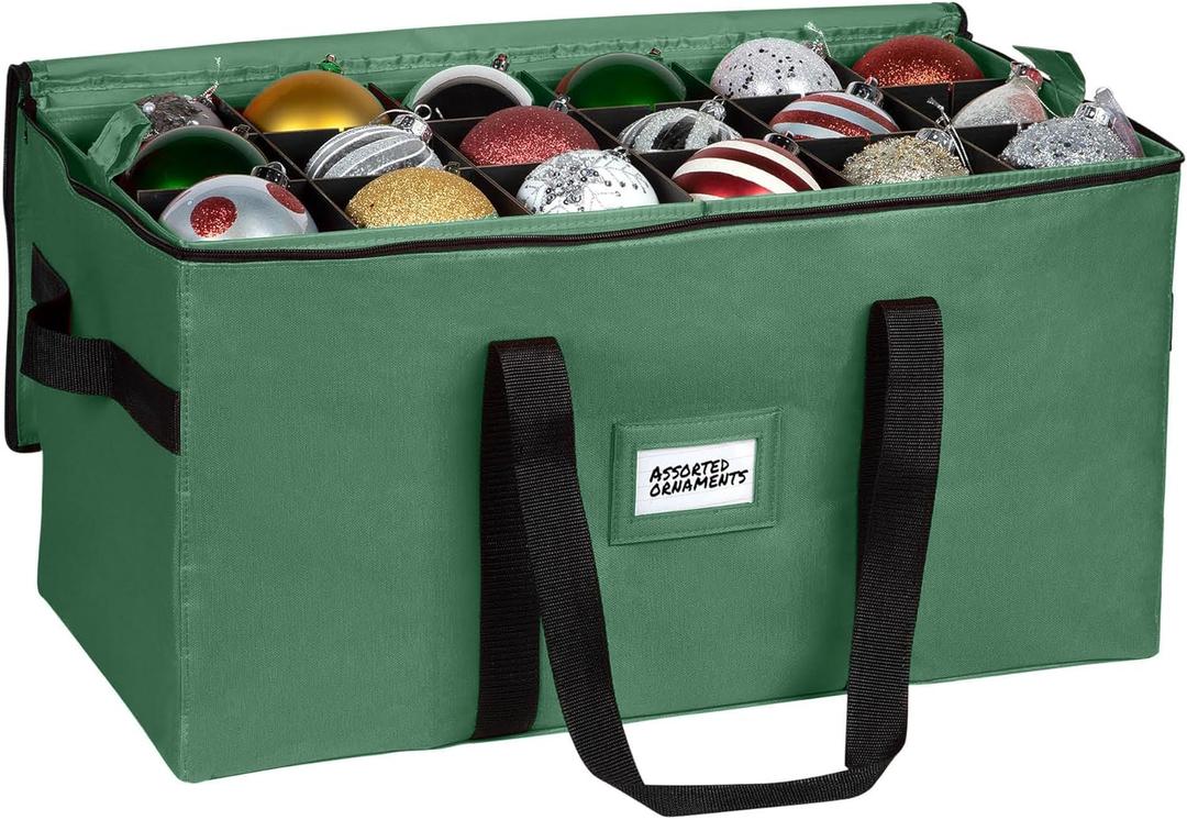 Christmas Ornament Storage Container, Box Stores Up to 54-4", Adjustable Dividers, Large Organizer Bin to Protect and Store Holiday Décor - Green