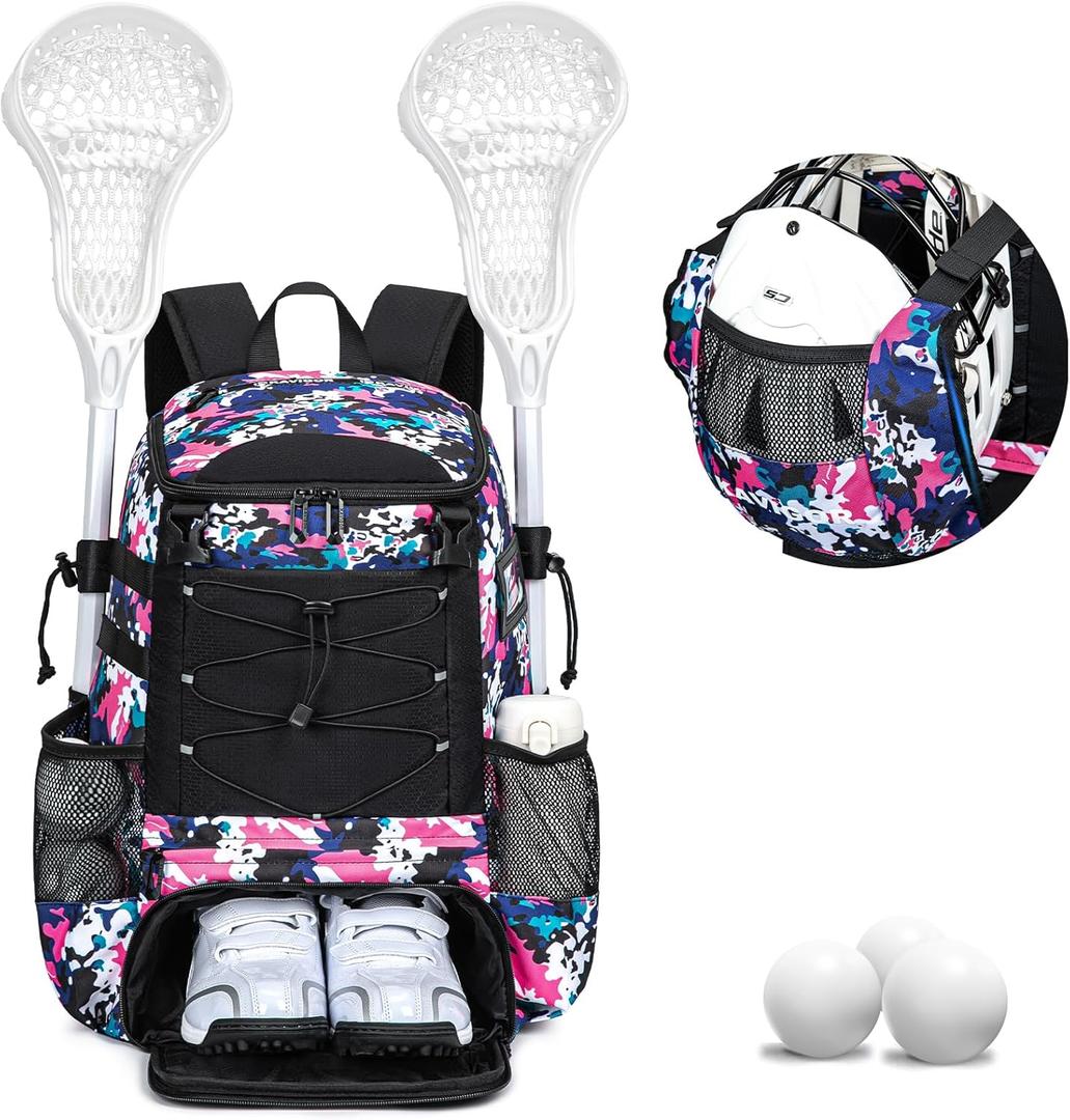 KAVIGOR Lacrosse Bag for Kids and Youth, Lacrosse Backpack with Helmet Holder and Shoes Compartment, Waterproof Field Hockey Gears Bag for Boys & Girls (Large, Camo Pink)