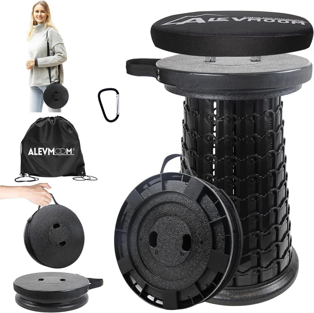 Upgraded XXL Collapsible Stool with Thick Cushion H 20.1" D 13", 1000Lbs Max Weight, Wider & Taller Pop Up Heavy Duty Portable Retractable Foldable Stool or Travel Foot Rest, Camping & Outdoors (Black)