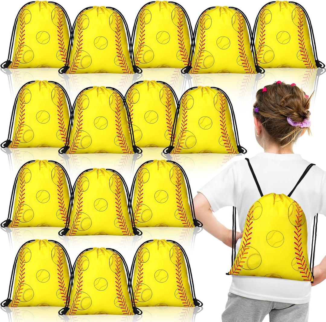 Woanger 24 Pcs Drawstring Baseball Soccer Softball Gift Bags 9.8 x 11.8 Inch Party Favor Bag Goodie Candy Treat Snack Bags for Team Sport Ball Theme Birthday Party Supplies (Softball)