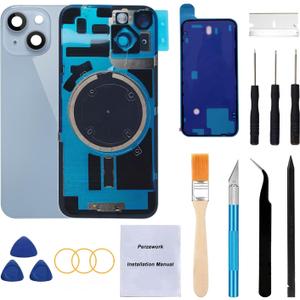 Rear Back Glass Replacement for iPhone 14 6.1-inches with + Pre-Installed Plate and Camera Frame and Lens + Reparing Tool Kit (Blue)