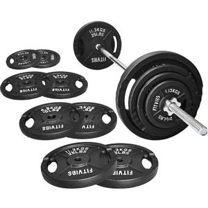 Fitvids Cast Iron Standard Weight Plates Including 5FT Standard Barbell with Star Locks, 95-Pound Set (85 Pounds Plates + 10 Pounds Barbell), Multiple Styles