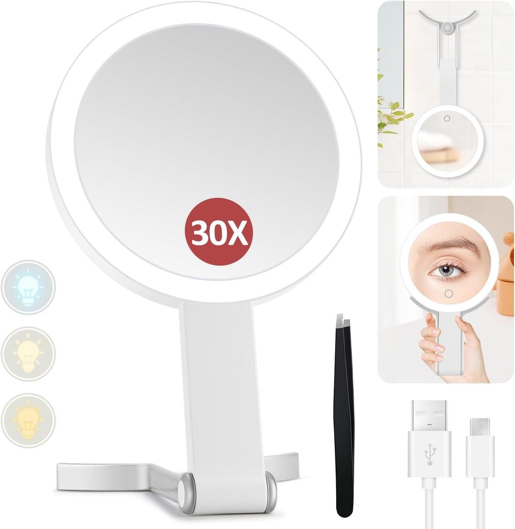 MIYADIVA Lighted Makeup Mirror, 30X Magnifying Mirror with Light and Adjustable Brightness, Hanging and Handheld Mirror with Handle, Portable Travel Makeup Mirror with Lights, Vanity Mirrors for Women (White)