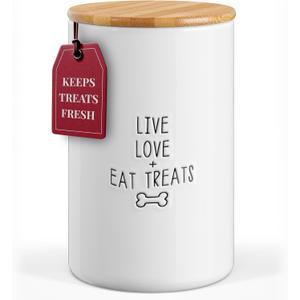 Barnyard Designs Large Dog Treat Container Airtight with Lid, Cute Rustic Ceramic Dog Treat Storage Jar for Kitchen Counter, White (Live Love Eat Treats)