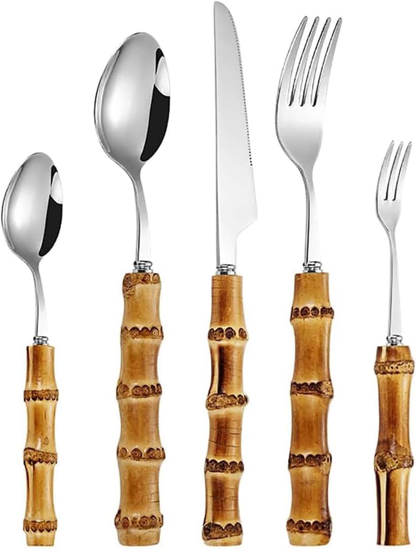 60-piece bamboo silverware set, 18/8 stainless steel flatware set for 12, bamboo handle forks and spoons sets, cutlery utensils set for home kitchen reusable,suggest hand washing