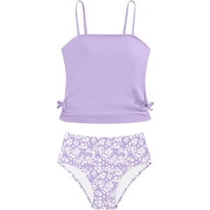 Girls Tankini Swimsuits Two Piece Bathing Suit Drawstring Swimwear Set for Girls, Size 7-8 Years (Purple)
