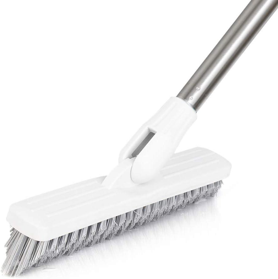 Affogato Floor Scrub Brush Bathroom Long Handle Bathtub Push Broom Shower Tile Grout Scrubber Rotatable Indoor Kitchen Scrubbing Cleaning Brush for Hard to Reach Areas - White (35 Inches)