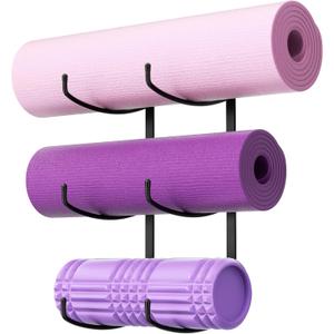 Yoga Mat Holder Wall Mount, 3-Tier Storage Rack for Yoga Mat, Foam Roller, Block, Yoga Accessories, Wall Organizer for Home Gym, Gym, Workout Room, Metal, Black