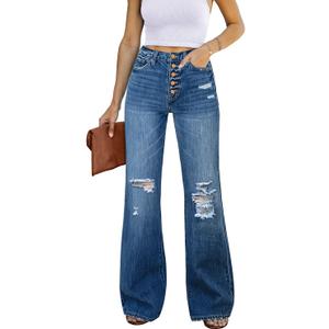Utyful Women's High Waist Relaxed Fit Ripped Jeans Stretchy Flare Jeans Denim Pants S