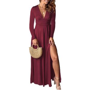 Yuopeid Women's Sexy Deep V Neck Solid Color Pleated High Waist Slit Club Party Evening Long Maxi Dress, Red, Large