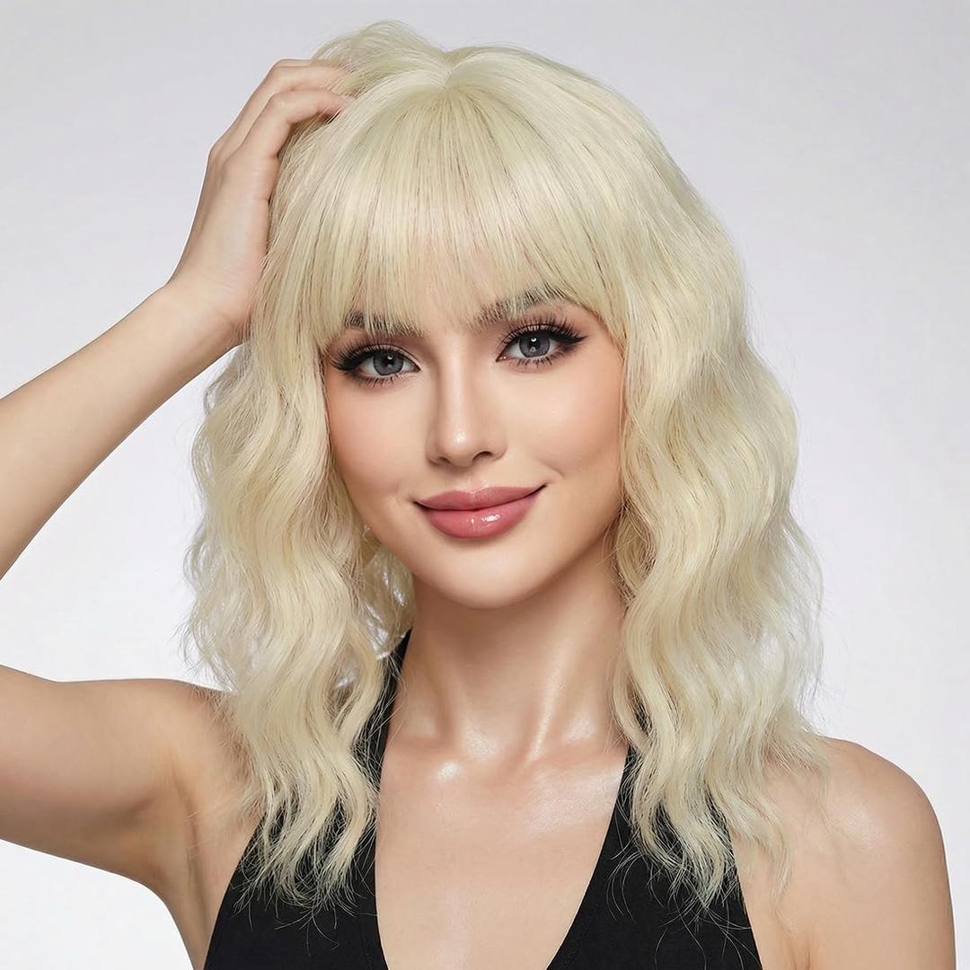Pastel 613 Blonde Wavy Bob Wig for Women, Short Shoulder Length Synthetic Wig with Bangs, Matte Natural Realistic Look Lightweight Hairpiece, Blonde Color for Daily Wear & Cosplay Costume