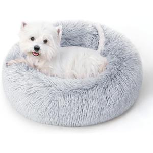 Calming Dog Bed & Cat Bed for Indoor Cats, Medium Size Washable Anti-Slip Anti-Anxiety Donut Dog Beds for Small Dogs & Cats, Fluffy Plush Cozy Round Dog Bed(20 Inch, Light Grey)