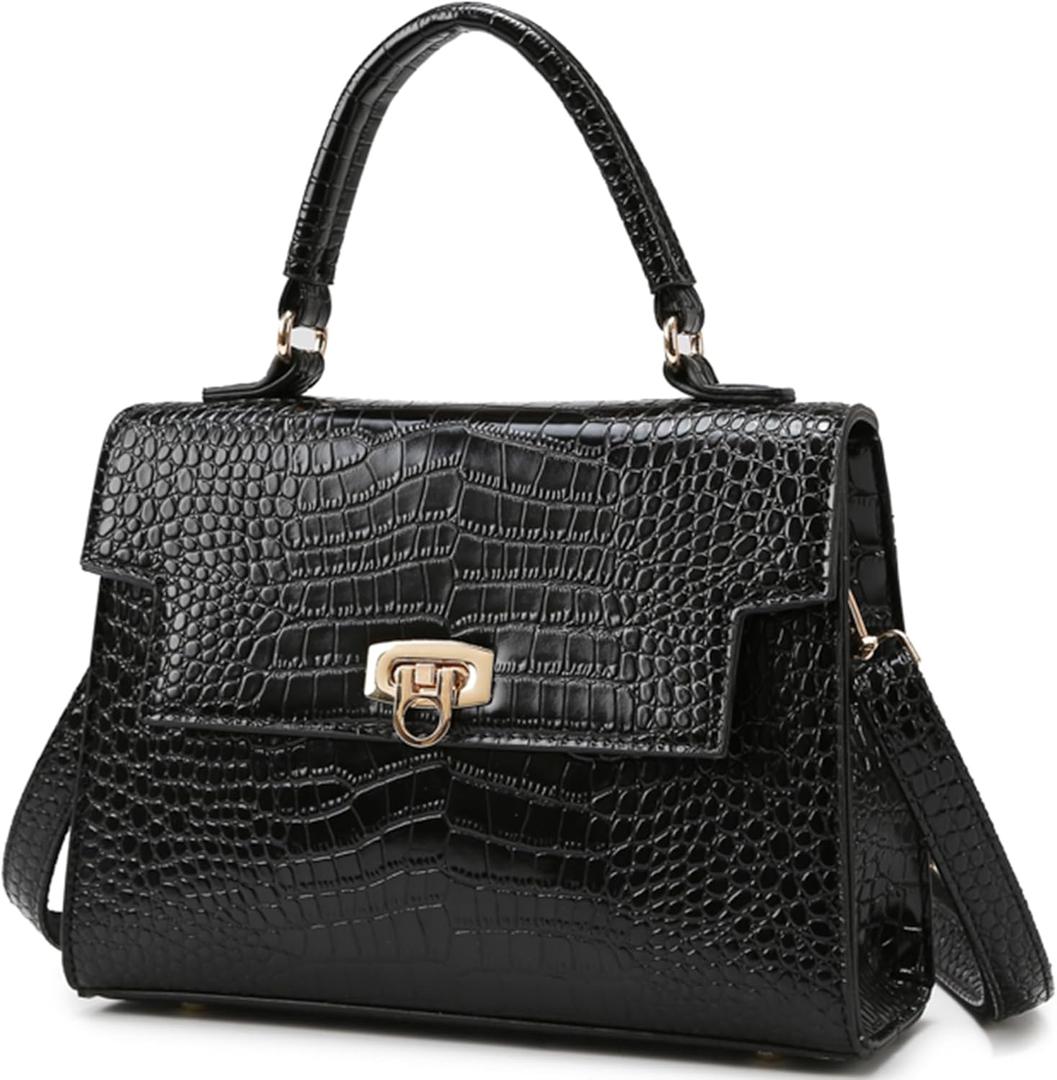 Makukke Shoulder Bag Pu Leather Handbags Crocodile Pattern Top Handle Purse Trendy Crossbody Bag for Women Flap Satchel Bags (Black)