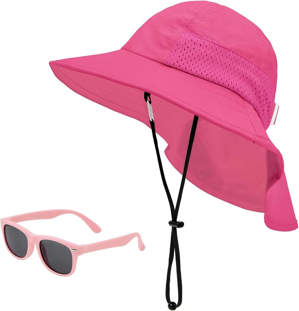 Century Star Baby Sun Hat with Sunglasses for Girls Boys Neck Flap Protection UPF 50+ Beach Hats Kids Wide Brim Outdoor Swim Cap for Toddler A2 Rose Red 2-6 Years