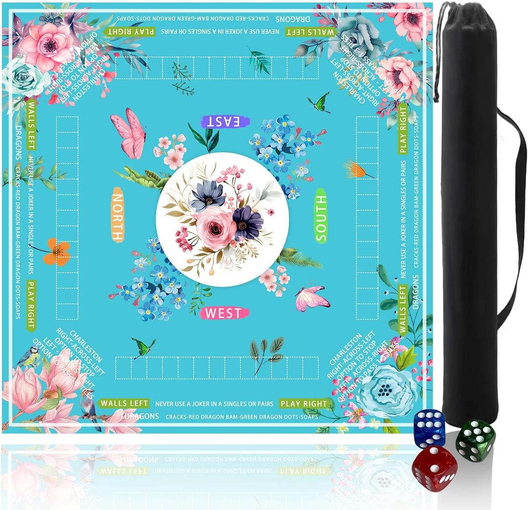 mahjong mat for table with Drawstring Bag/31.5Inch/american mahjong table cloth with rules mats,Noise Reduction Anti-Slip game mat for table,for Mahjong/Poker/Board Games/Card Games/Dominoes (blue)
