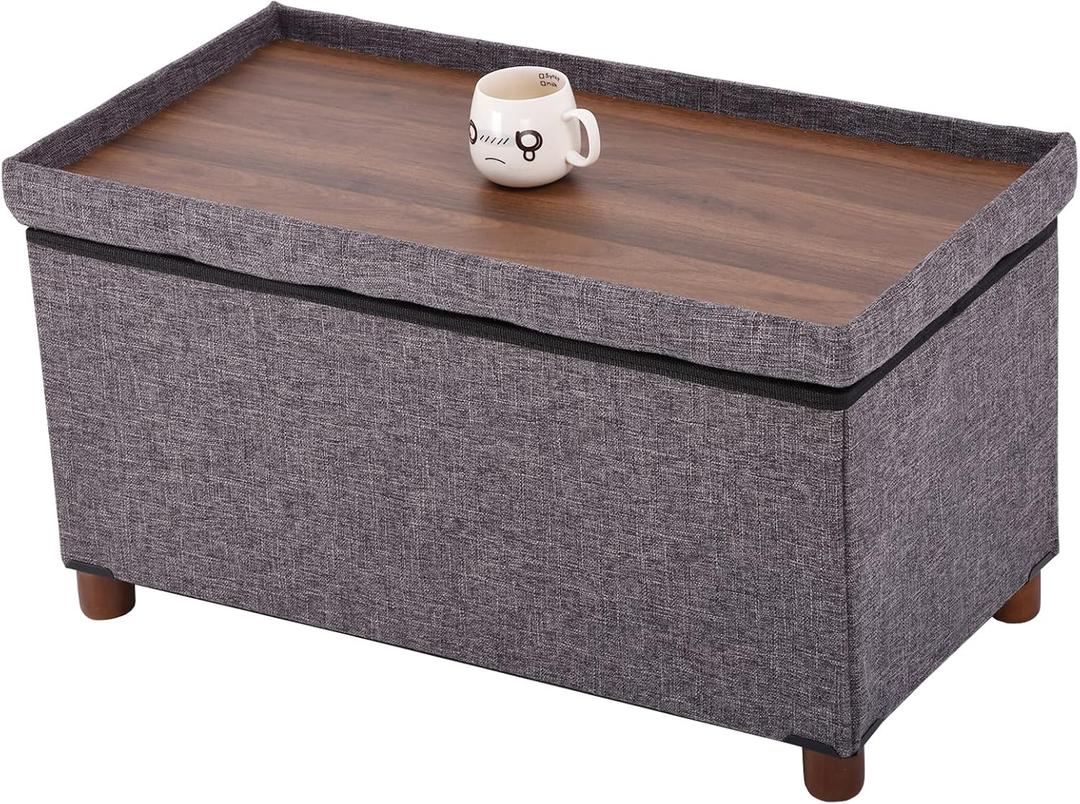 30 Inches Storage Ottoman Bench, Rect Grey, Modern, Classic Style, Linen Fabric, Walnut Wood Legs