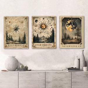 Palette Dreams 3 Pieces Gothic Vintage Celestial Canvas Wall Art, Vintage Tarot Canvas Wall Decor, Mysterious Sky Astrology Picture Poster Prints for Living room Bedroom Office Decor 12X16 inches