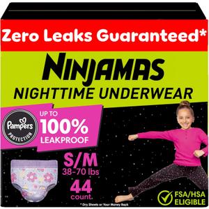 Ninjamas Girls Bedwetting Nighttime Underwear, Size S/M (38-70 lbs), 44 Count, Overnight Protection, Ultra Absorbent, Hypoallergenic, S/M
