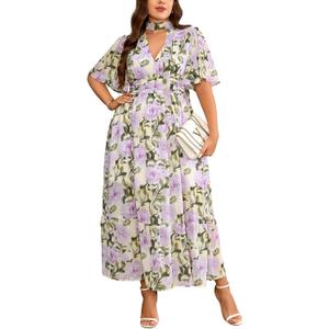 EYWOL Plus Size Wedding Guest Dresses for Women Floral Chiffon Flowy V Neck Maxi Dress with Detachable Tie Smocked Back (Purple, XL)