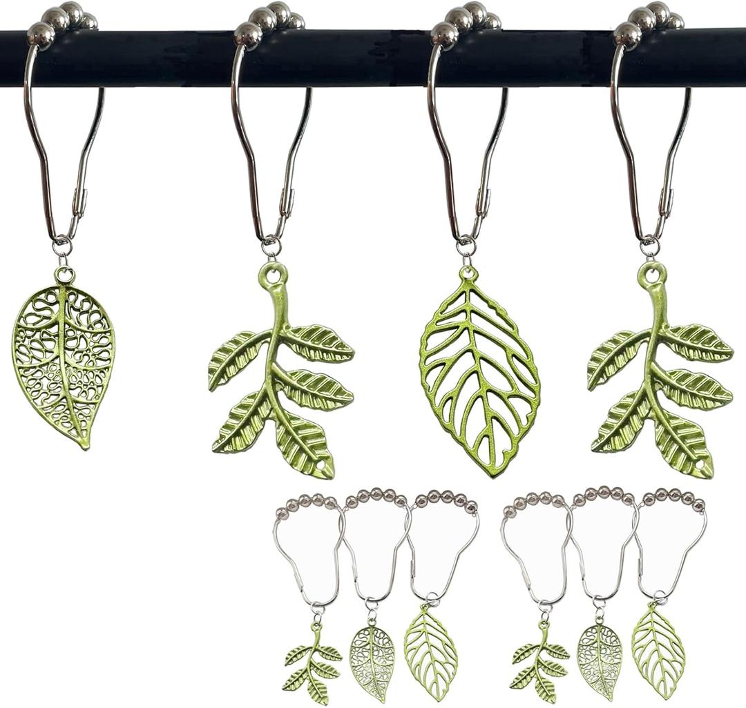 Green Leaf Shower Curtain Hooks,12Pcs Cute Plant Leaves Metal Rustproof Shower Curtain Rings,Spring Green Tree Floral Forest Nature Themed Home Bathroom Decor