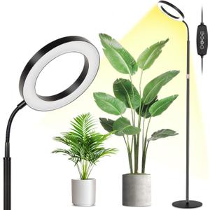 LBW Grow Light with Stand for Indoor Plants, 8" Halo Full Spectrum Grow Light, Adjustable Height up to 68", Auto Cycle Timer (4/8/12H), 6-Level Dimmable, Plant Light for Indoor Growing (1 Head 8" Large Black)