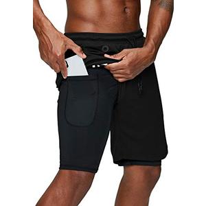 Pinkbomb Men's 2 in 1 Running Shorts Gym Workout Quick Dry Mens Shorts with Phone Pocket (Black, XX-Large)