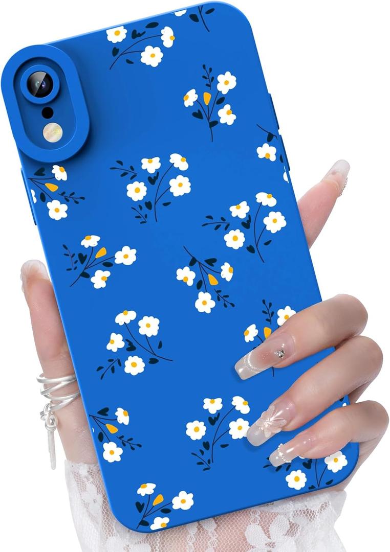 Compatible with iPhone XR Phone Case, Fashion Flower Pattern Design Girls Women Liquid Silicone Cover, Slim Shockproof and Scratch-Resistant Soft Case for iPhone XR- Blue