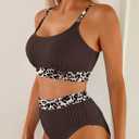 Herseas Women's Textured Bikini Sets Floral Print Trim Scoop Neck Swimsuits High Waisted Bathing Suits (M)