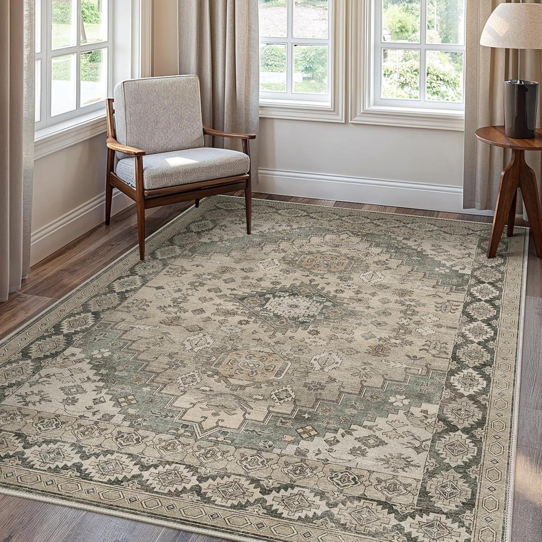 GENIMO Machine Washable 8x10 Area Rugs for Living Room, Non Slip Vintage Rugs, Low Pile Lightweight Chenille Print Rug for Bedroom, Dining Room, Home Office, Oatmeal Gray
